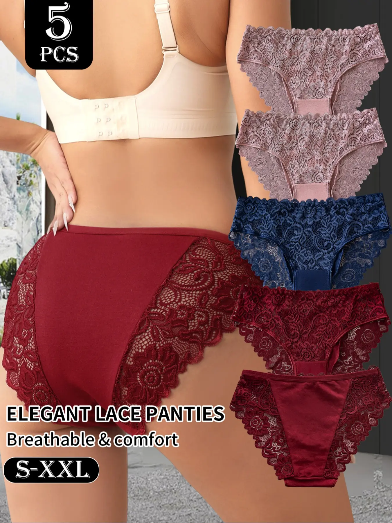 Women's Soft Breathable Panties, Plain Design Fitted Underwear, All-Season Comfortable Ladies Lingerie, Contrast Lace Detail