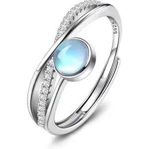 Elegant and exquisite 925 Sterling Silver Moonstone Rings for Women Girls Shiny CZ Crossed Round Moonstone Ring Thumb Adjustable Ladies Rings