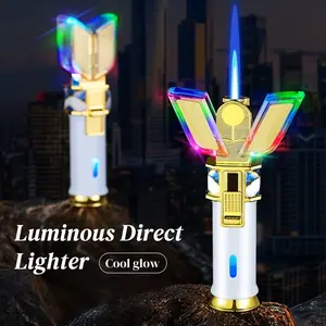 Unique Design Metal Outdoor Windproof Lighter, Blue Flame Torch Jet Lighter, Cool Shape LED Lighter, Adjustable Flame Size, Survival Tool, Gift Box Packaging, Holiday Gift (butane Gas Not Included), Without Battery