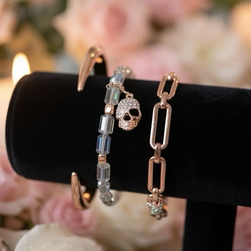 BOMB PARTY The Glam Reaper Bracelet Stack, Gothic Glam Halloween Jewelry with Rose Gold Plating and Lab Created Stones, Adjustable with Removable Skull Charm, Halloween Aesthetic, Adjustable Size