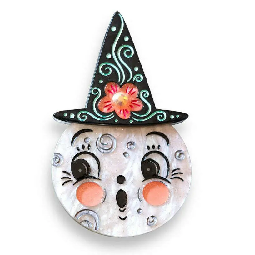 Women's Bloomin' Luna Witch Brooch - Johanna Parker x Lipstick & Chrome Jewelry, Hand-Assembled Botanical Detail Charm, Laser-Cut Pin, Crystal, Vintage