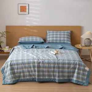 Soft Cotton Breathable Summer Quilt, Plaid Air Conditioning Blanket, Minimalist Patchwork Single Bedspread, Gentle Dopamine Color Series, Wide Hem Embroidery