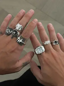 Men's Punk Rock Star Oil-Drop Stacking Ring Set, Creative Fashion Street Music Festival Jewelry, Unique Design Hip Hop Rings, Stackable Rings, Adjustable Rings