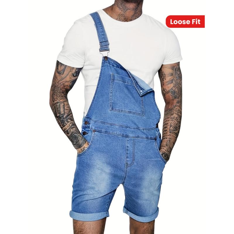 Mens Denim Shorts Bib Overall Jean Romper Casual Loose Fit Walkshort Button Pockets Summer Jumpersuit Menswear Spandex