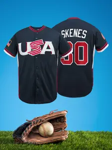Men's #30 Navy Blue USA Baseball Jersey, Full Embroidered Athletic Jersey with American Flag Patch, Moisture-Wicking Mesh Short Sleeve Button-Down Shirt with Striped Trim for Game Day Tailgate Daily Streetwear