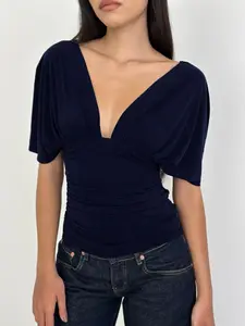 Deep V Batwing Sleeve Ruched Short Top, Front Back Dual V Neck, Loose Batwing Sleeves, Waist Cinching, Slimming, Casual Commute Date Wear, Chic Elegant Basic Womenswear Blouse, Shirts