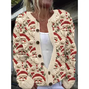 Women'S Festive Santa Claus Cardigan - Beige with Red & Green Embroidered Design, Long Sleeve Button-Up Sweater for Fall & Winter, Durable Casual Holiday Outerwear, Christmas Cardigan