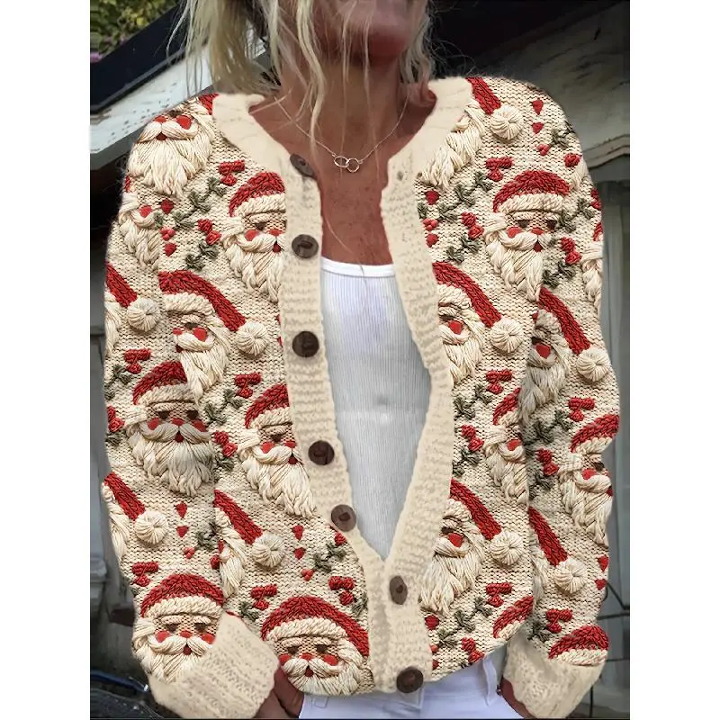Women'S Festive Santa Claus Cardigan - Beige with Red & Green Embroidered Design, Long Sleeve Button-Up Sweater for Fall & Winter, Durable Casual Holiday Outerwear, Christmas Cardigan Women'S Festive Santa Claus Cardigan - Beige with Red & Green Embroidered Design, Long Sleeve Button-Up Sweater for Fall & Winter, Durable Casual Holiday Outerwear, Christmas Cardigan