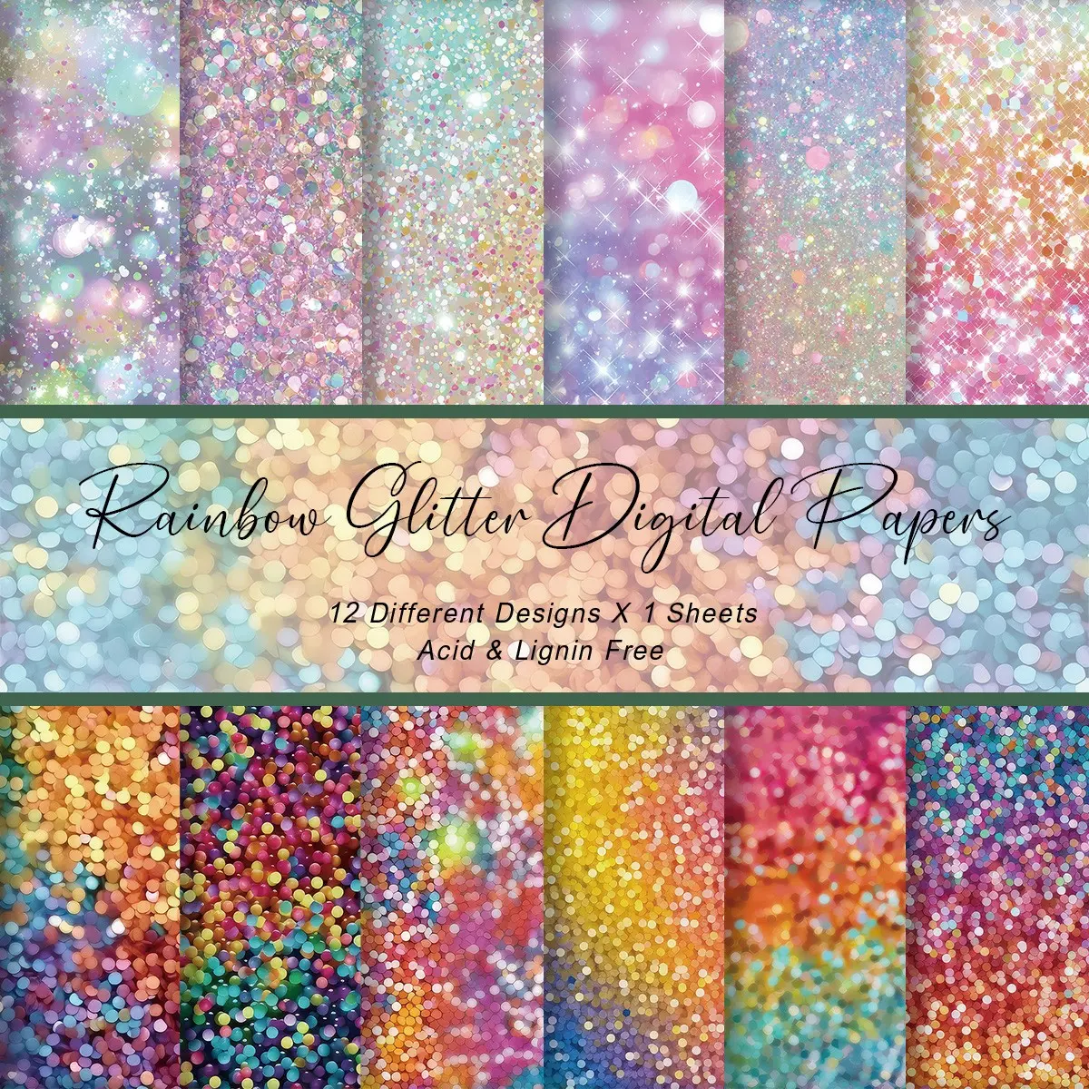 12-sheet glitter scrapbook pad, heavy-duty cardstock, vibrant floral pattern, suitable for journaling, collage, greeting card making, scrapbooking paper, and handicrafts.