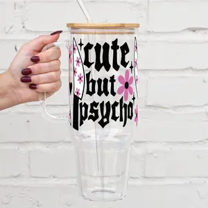 Cute but Psycho 32oz/40oz Glass Tumbler with Lid and Plastic and Glass Straws Cute but Psycho 32oz/40oz Glass Tumbler with Lid and Plastic and Glass Straws