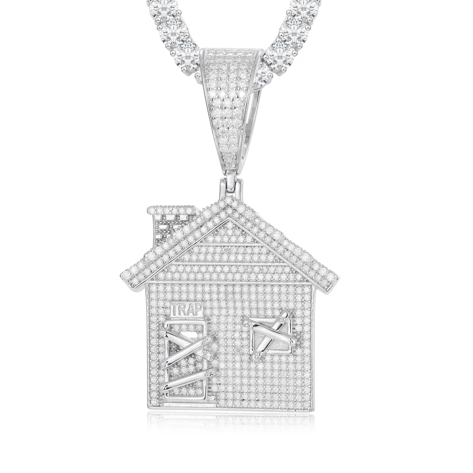 【#P242】UCCIYO 925 Sterling Silver Synthetic Moissanite House Pendant Necklace Classic Doorstop Pendant Men's Fashion Hip Hop Women's Jewelry