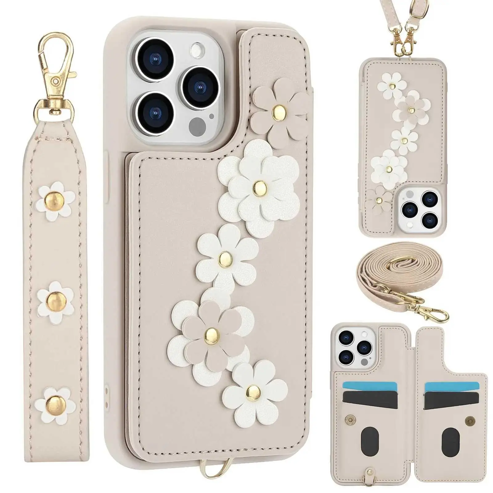 Compatible with iPhone 13-17 Wallet Case with Card Holder for Women, Kickstand, Crossbody Lanyard, Wrist Strap Flower Leather Flip Cover Des HNAQ58trgawed