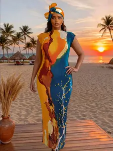 Women's Colorblock Print Long Scarf & Poncho Set, Casual Soft Shawl for Beach Vacation, Fashion Accessories, Swimwear Cover Up