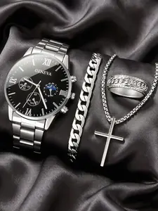 4-piece set of fashionable casual and business watch with Quartz Movement, simple and stylish men's Exquisite Watch Set, Casual Wristwatch Set, Modern Fashionable Wristwatch