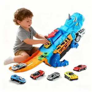 Transport Dinosaur Truck with Foldable Sliding for Kids 3-12 City Dinosaur Race Track Set with 12 Die-Cast Mini Cars Diecast Vehicles Dinosaur Truck That Eats Cars Gift For Birthday Christmas Diecast Cars