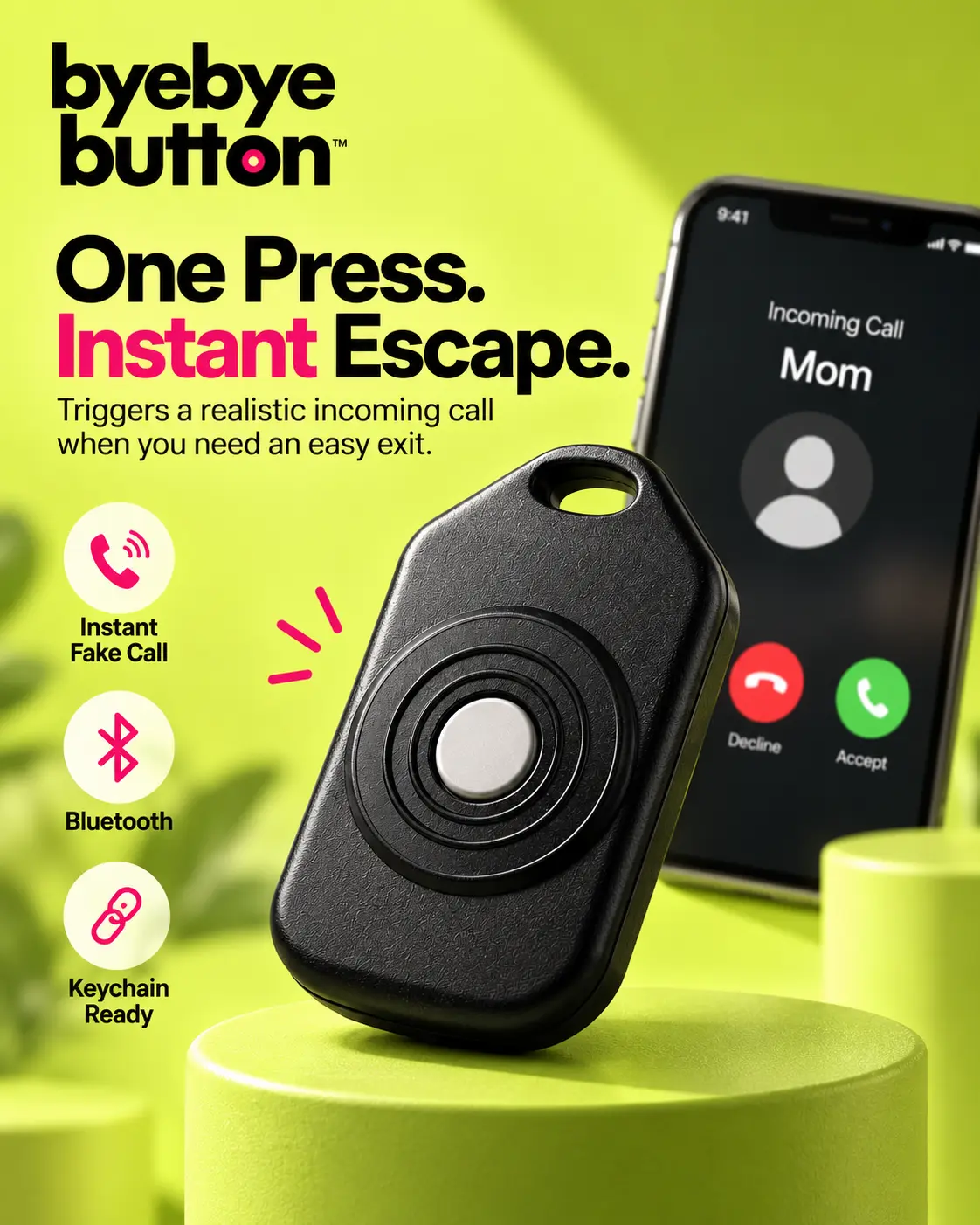 ByeBye Button – Fake Call Prank Button, Instant Escape from Awkward Dates & Meetings, Wireless Keychain for iPhone & Android Button Clicker Keychain Keychain Series