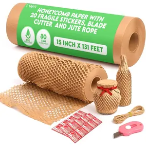 Honeycomb Packing Paper for Moving 15" x 131', 80GSM  Honeycomb Paper with 20 Fragile Stickers, 16 ft. Jute Twine and , Alternative to Bubble Cushioning Wrap for Shipping Packaging
