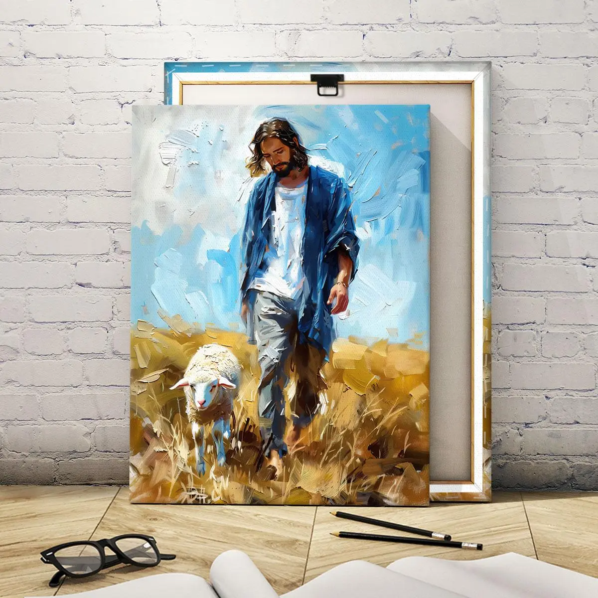 Wooden Framed Canvas Painting, Shepherd and Sheep Pattern Modern Art, Fashionable Decoration for Home Living Room Bedroom Office, Ornaments