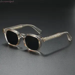 Unisex Vintage Square Frame Sunglasses | Transparent Brown Tinted Acetate, Engraved Pattern Temples Black Lenses, Premium Fashion Shades for Daily Streetwear Vacation Party Outdoor Casual Matching