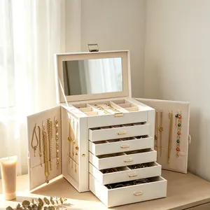 BOOVO Jewelry Box For women, 6 Layer Large Jewelry Organizer With Mirror, Multi-Function Storage Box With Lock, Necklace Holder With 5 Drawers, For Earrings Necklace Bracelet (Pearl White and Gold)