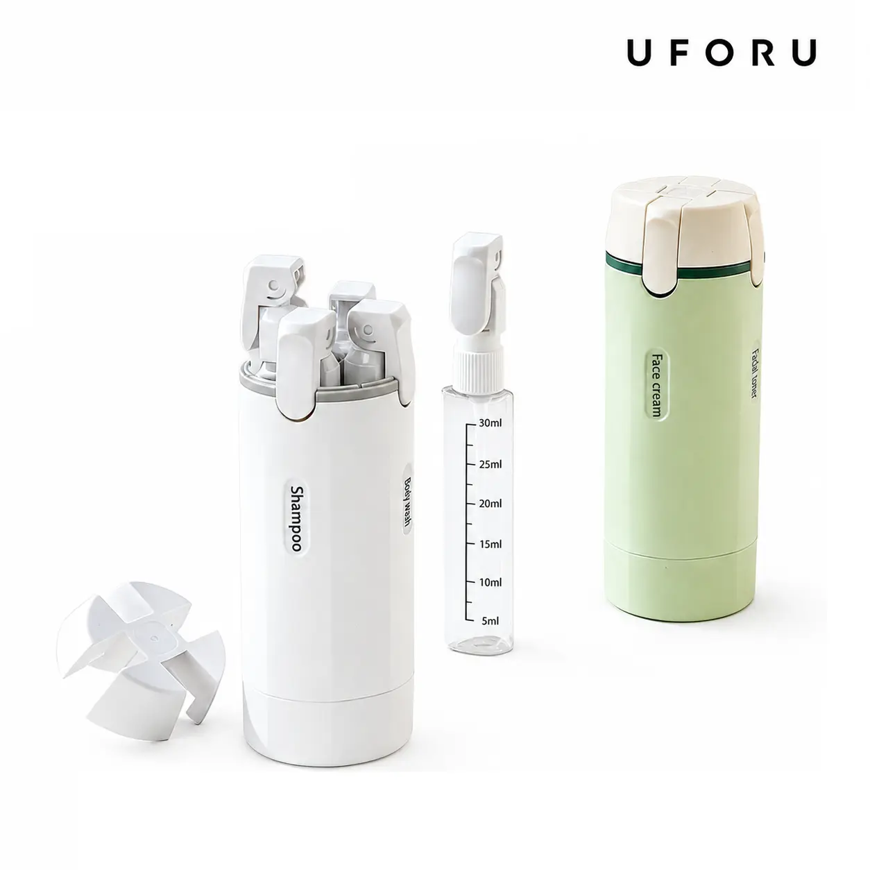 UFORU 4-in-1 Leak-Proof Refillable Travel Shampoo Dispenser Bottle, Compact Space-Saver Storage Bottles & Jars for Shampoo, Conditioner, Body Wash, Lotion, Carry-On Essential for Travel Use, Business Trips, Airplane