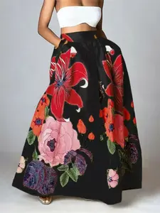 Summer Essential Floral Midi Dress, High Waist A-Line Skirt, Plus Size Boho Pocket Beach Dress, Women's Fashion Long Skirt
