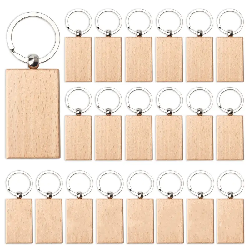 10-100Pcs Blank Wooden Keychain Rectangular Bulk  Wood Key Chains Ring Suitable for Gift