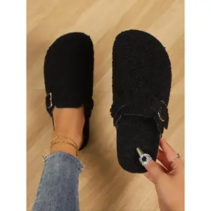 Women's Large Size Sheepskin Mules, Casual Fall Winter Warm Indoor Outdoor Office Shoes, Comfortable Hollow Design Flat SandalsGift