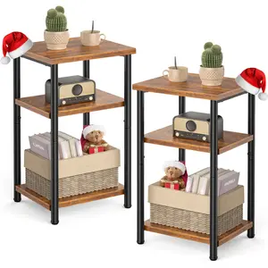 Space-Saving Coffee Table Set - 3-Tier Modern End Table with Hidden Storage | Grey/Brown Multi-Functional Bedside Table (Buy 1 or Twin Pack)
