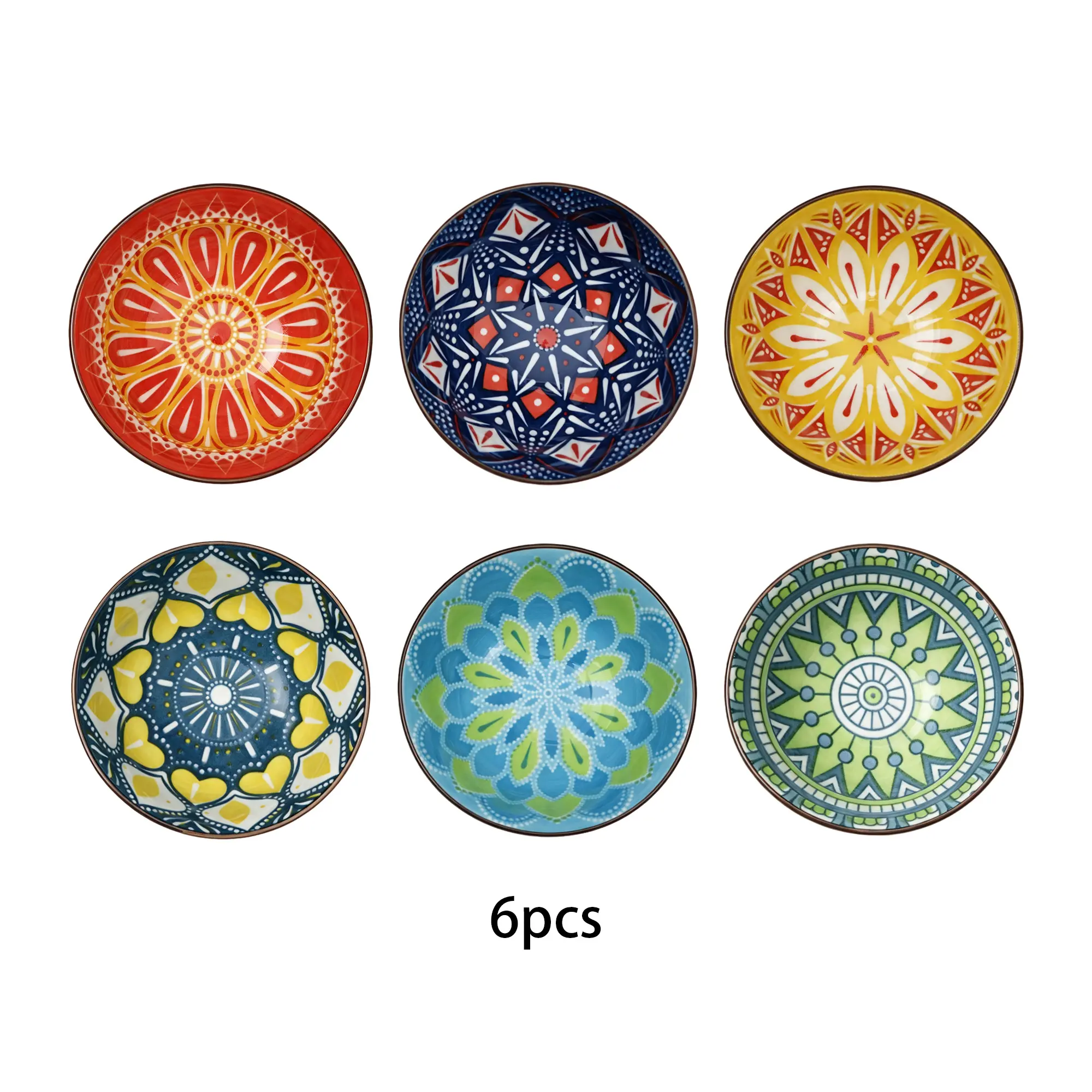Bohemian Style Ceramic Bowl Set (6-Piece, 4.61 in), Multi-Color Decorative Dinnerware, Microwave & Dishwasher Safe, Ideal for Cereal, Rice
