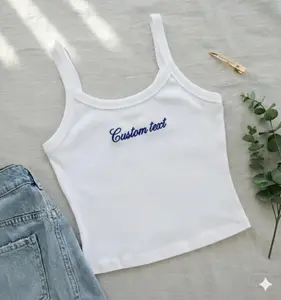 Womenswear Custom Text Embroidered Ribbed Tank Top - Minimalist Spaghetti Strap Crop Top, Personalized Name Gift for Her