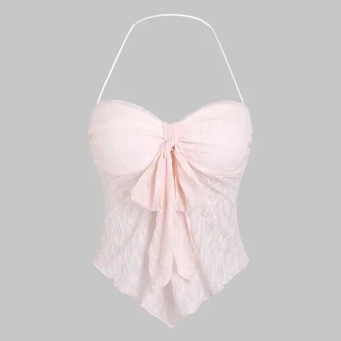 Spring Floral Lace Halter Top Backless Tie Front Bow Top Asymmetrical Crop Top
