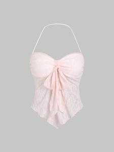 Spring Floral Lace Halter Top Backless Tie Front Bow Top Asymmetrical Crop Top