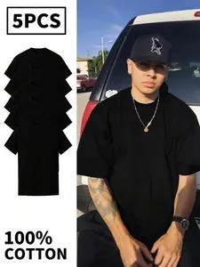 [Hot Selling] 5-Piece Men's American-Style T-Shirt Set, 200g Thick Cotton, Soft Basic Styles In Black And White, Suitable For Gym, Summer Travel, And Campus Outfits, Gift For Family And Friends Funny Camisetas De Hombre T Shirt Men Camisetas Para Hombre D