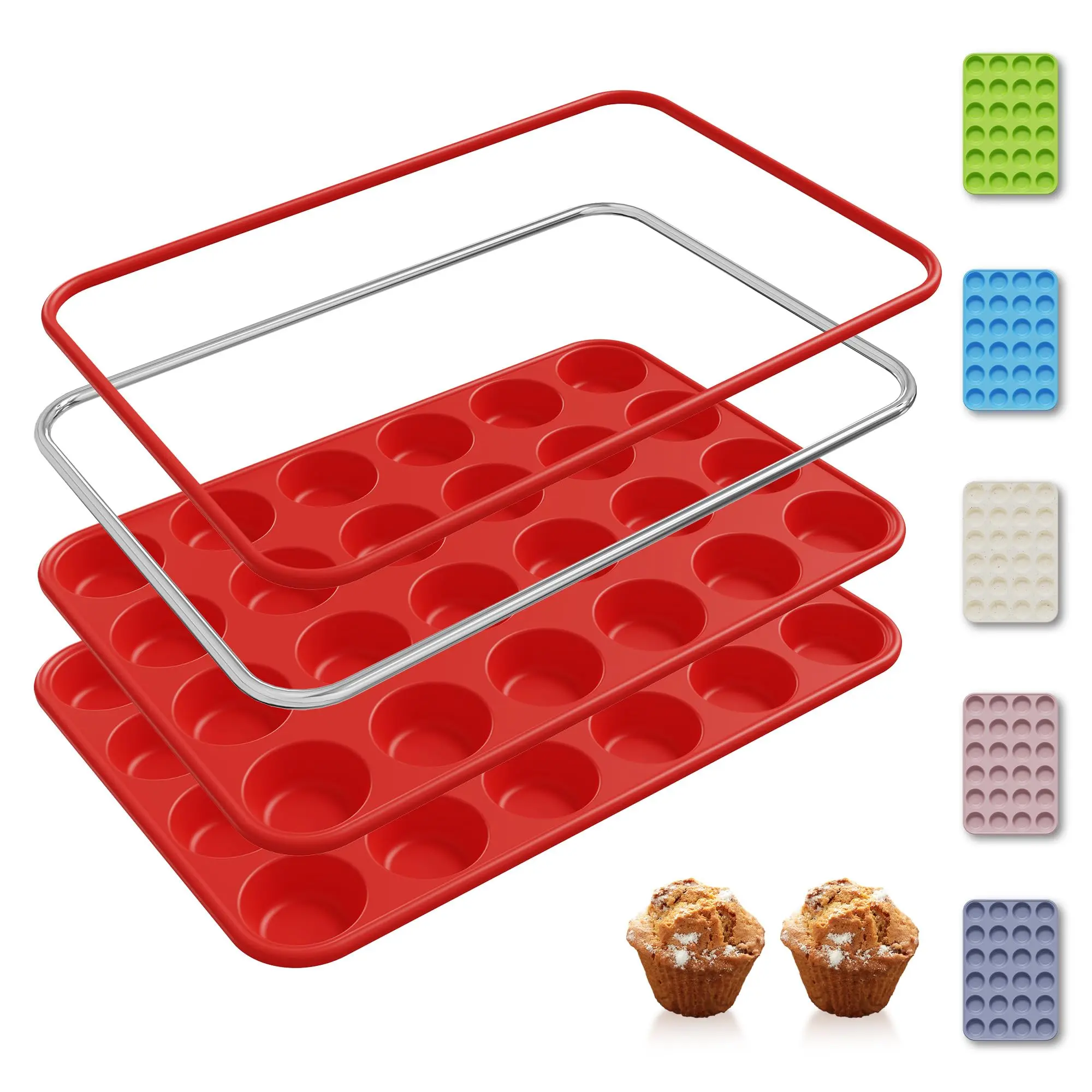 2 Pack 24 Cups Silicone Mini Muffin Pan With Metal Reinforced Frame Molds Cupcake Cake Baking Cheesecake Pans Cookie Chocoflan Mold Bundt Women Gift