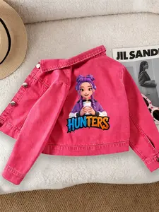 Girls' Casual Fashion Denim Jacket, Sweet Cool Kpop Girl Group Pattern Print, Comfortable Fit, Suitable for School and Dates, Ages 12 and Under