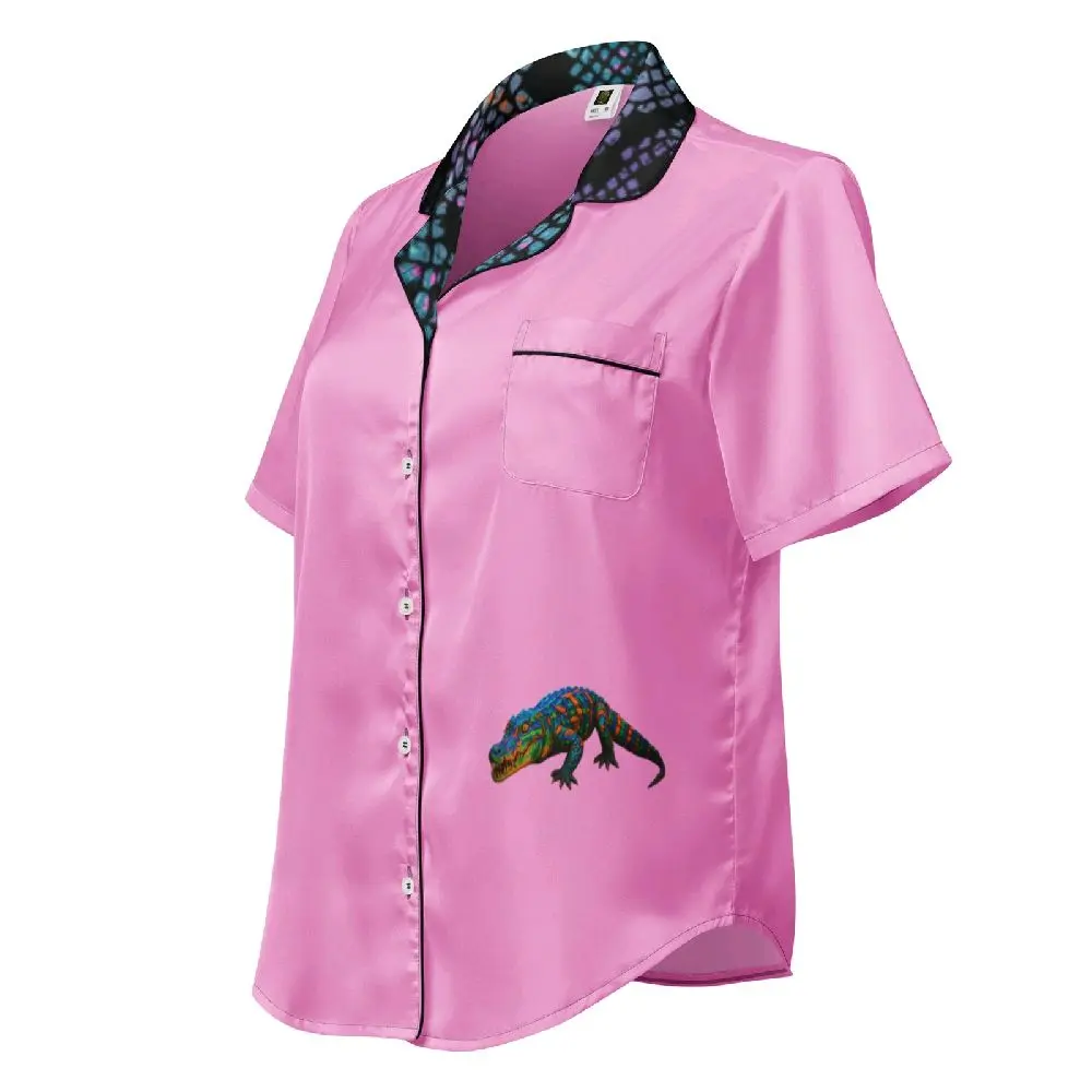 Women's Luxury Silk Satin Pajama Top - Pink with Contrast Piping Women's Luxury Pink Satin Pajama Top with Contrast Piping - Short Sleeve Button Down Sleepwear