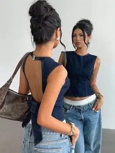 Women's Dark Wash Denim Sleeveless Round Neck Backless Tie-Back Crop Top Slim Fit Casual Summer Daily Wear - Fabric