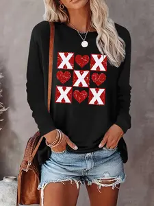 Women's Valentine's Day Casual Long Sleeve Round Neck Slim-Fitting Heart Pattern Letter Print Tee, Comfortable Fabric, 10 Colors Available, Top
