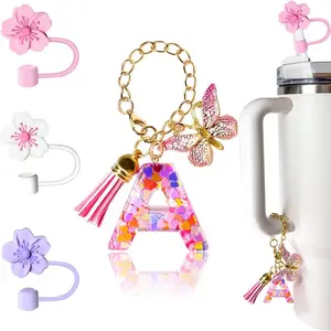 Letter & Flower & Tassel Design Cup Accessories Set, 1 Set Including 3 Counts Silicone Straw Cover & 1 Count Letter Charm, Drinkware Accessories for 30oz 40oz Cup, Bottles