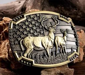 Vintage American Flag Deer Hunting Belt Buckle for Men – Patriotic Western Cowboy Buck & Doe Design – Rustic Bronze Tone Country Style Accessory – Great Gift for Hunters, Outdoorsmen, Rodeo Fans – Unique Wildlife Fashion Statement for Jeans