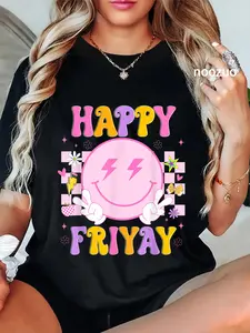 100% Cotton Unisex Happy Fri-Yay Groovy Teacher Friday Weekend Fri Yay T-Shirt Casual Top