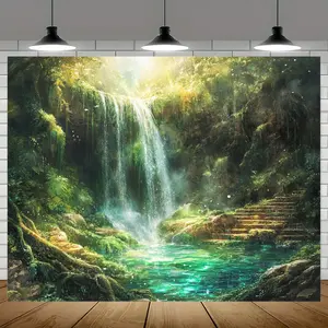 1pc Serene Created-Emerald Waterfall Linen-Polyester Tapestry - Beautiful Ancient Staircase Scene, Durable, Mysterious Atmosphere, Suitable for Home Decor, Outdoor Celebrations, All Seasons