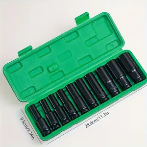 10-Piece 1/2" Deep Impact Socket Set with Green Storage Case for Tire Removal & Mechanical Repairs Compatible with Electric & Pneumatic Drills Industrial-Grade Impact-Resistant Build