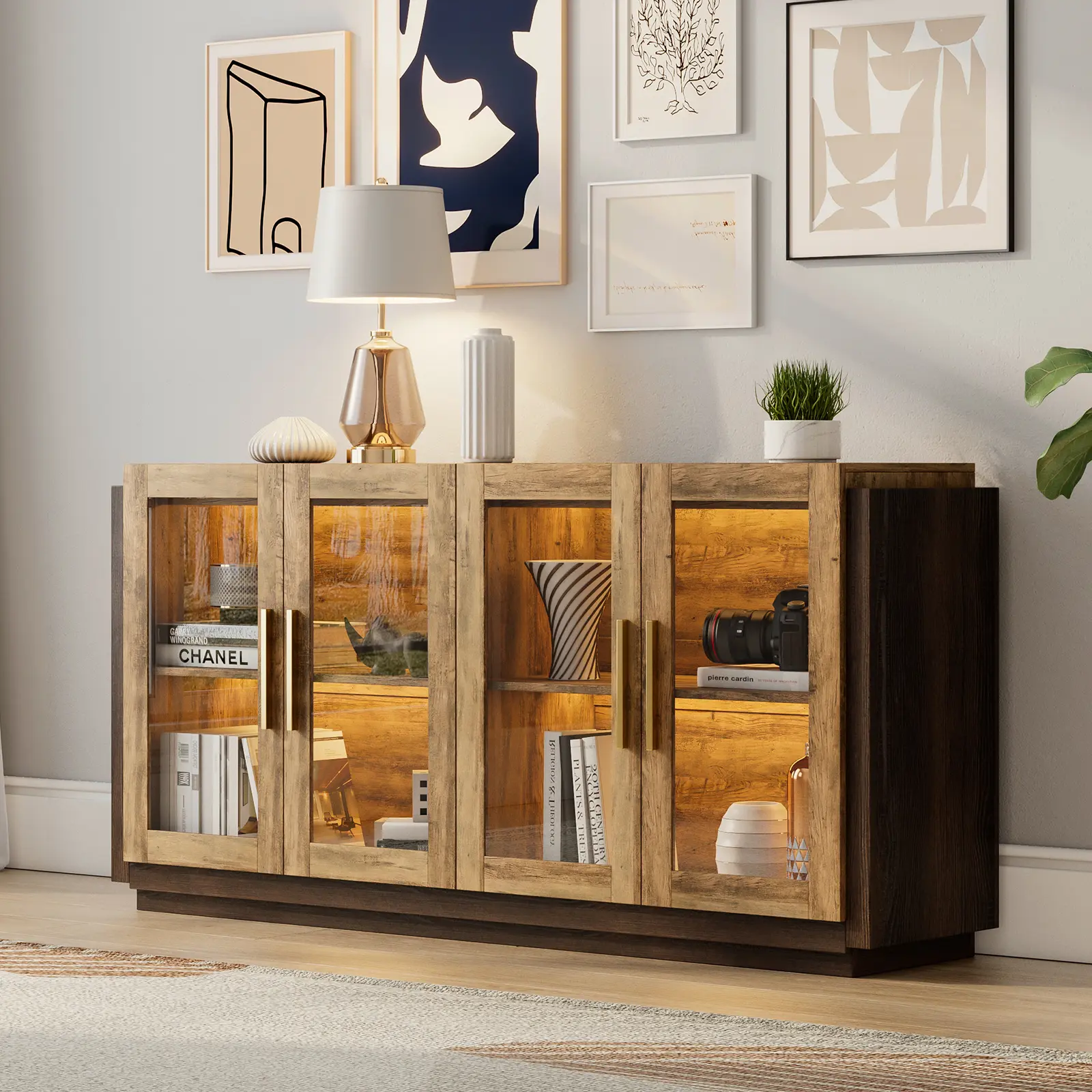 [Summerwins] [SummerFinds] AMERLIFE Sideboard Buffet Cabinet, Mixed Color Accent Cabinet with LED Lights, Modern Glass Doors Storage Cabinet with Adjustable Shelf, Console Table