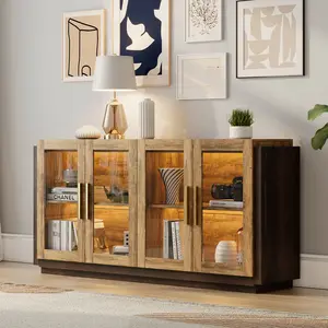 AMERLIFE Sideboard Buffet Cabinet, Mixed Color Accent Cabinet with LED Lights, Modern Glass Doors Storage Cabinet with Adjustable Shelf, Console Table