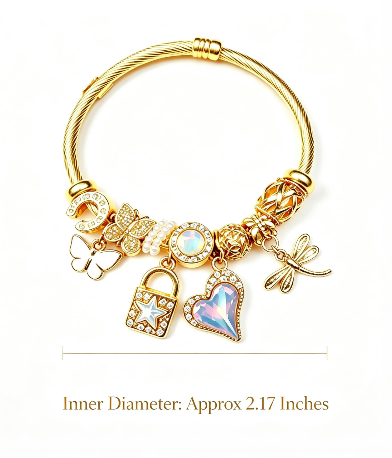 Gold Twisted Cable Charm Bangle Bracelet, Iridescent Heart Crystal Lock Star Dragonfly Butterfly Moon Charms Bracelet, Adjustable Open Cuff Jewelry Gift for Women