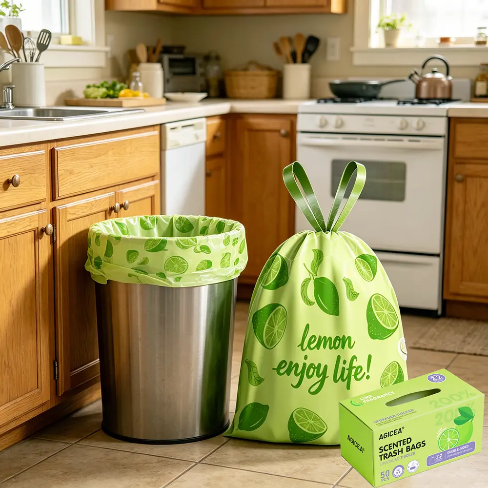 AGEICEA Lemon Scented Trash Bags - 50 Count, Fresh Fragrance for Kitchen & Home, Green Design, Enjoy Life! Thickness of 0.22 micrometers
