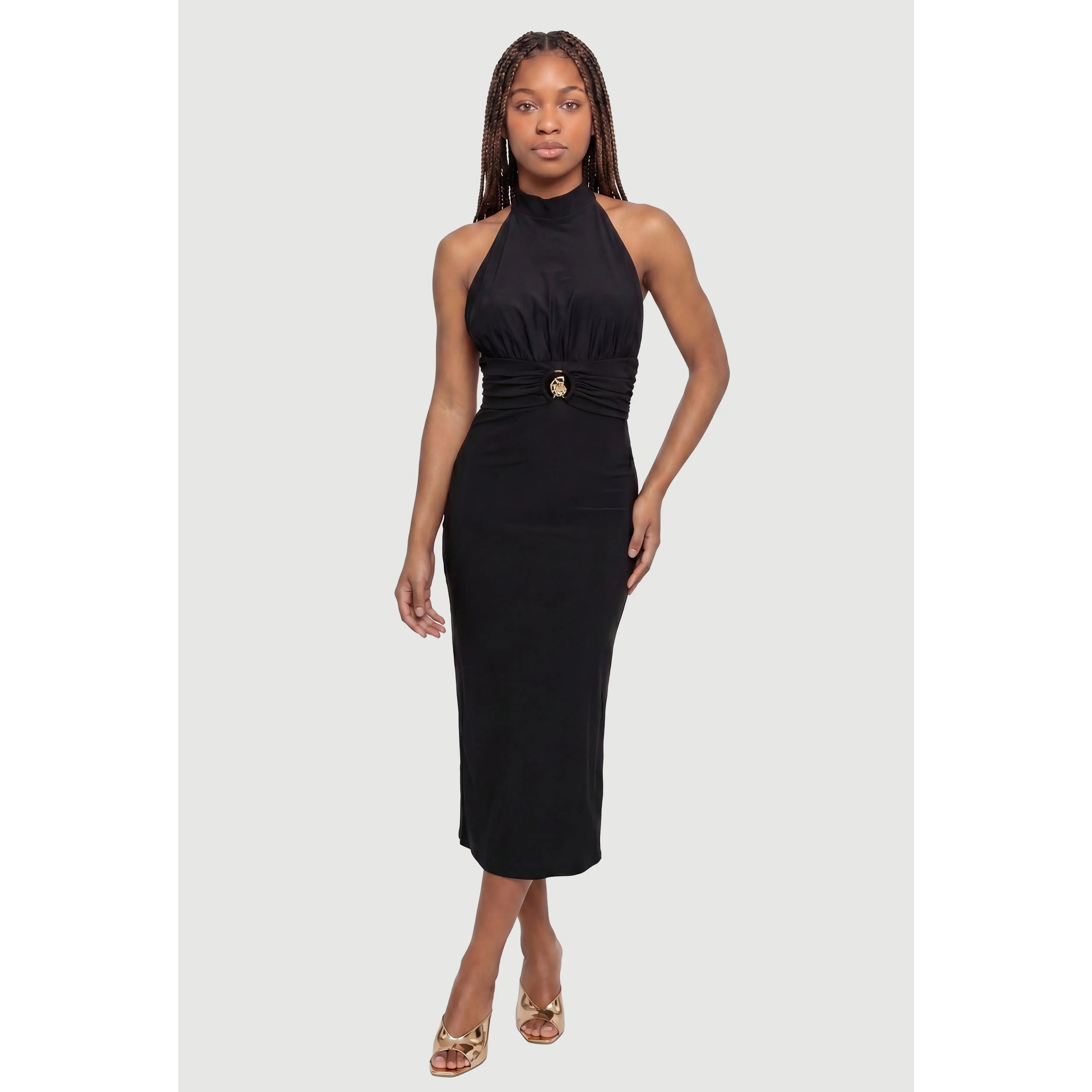 Metallic Seashell Detail Sleeveless Halter Neck Midi Dress
