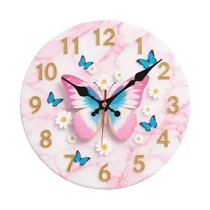 1pc Relief Style Wooden Silent Wall Clock - 10x10 Inch Round Butterfly & Floral Design, Pink/White Marble Pattern, Battery Operated (AA Not Included) for Home, Bedroom, Living Room Decor - Perfect Gif